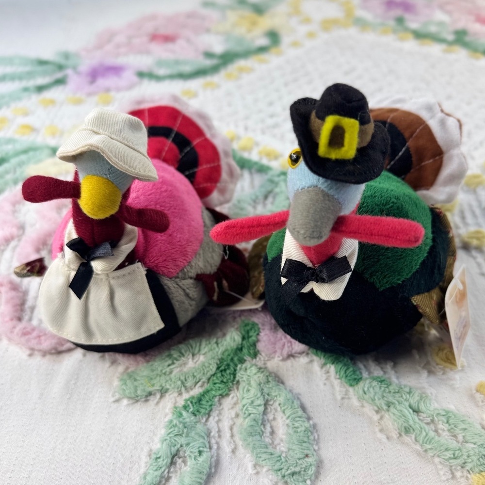 March of Dimes Thanksgiving Pilgrim Turkey Plush Bean Bag Set of 2 Holiday Decor